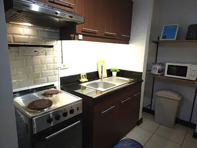 a small kitchen with a stove and a sink at lea home flair tower staycation mandaluyong in Manila