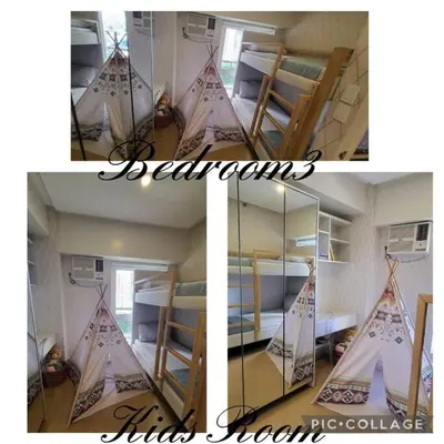a collage of three pictures of a room with bunk beds at 3BR Elegant & Central Loc- Netflix, WiFi, MiniBar! in Manila