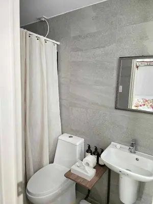 a bathroom with a toilet and a sink at Vintage charm meets modern relaxation near Araneta in Manila