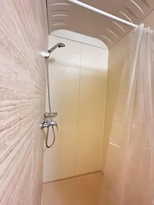 a shower in a bathroom with a shower curtain at S&Rs Place Space taft condominium in Manila