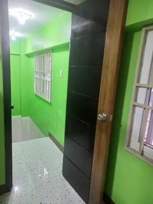 a green bathroom with a black door and a window at Joshua Transient in Manila