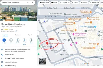 a screenshot of a google map with a red circle at Prime Condo Living Near Venice Canal #msert26k in Manila