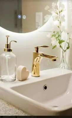 a bathroom sink with a gold faucet and a bottle of soap at Lamour Talia in Manila