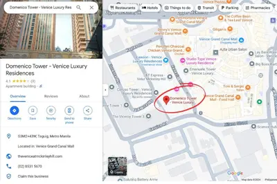 a screenshot of a google map with a red circle at Luxurious Condo Beside Venice Mall #vlrtd20e in Manila