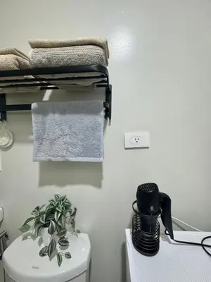 a bathroom with a toilet with towels and a plant on it at The J-MA UltiEscape Charm Residences Condo in Manila