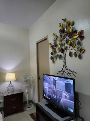 a living room with a flat screen tv and a plant on the wall at Newport City Condos in Manila
