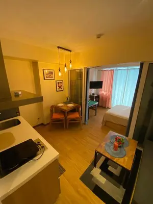 a small living room with a bed and a table at Spacious 1Bedroom Condotel Resort in Manila