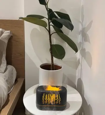 a potted plant sitting on a table with a candle at Chic & Cozy Apartment Near BGC with Home Theater Setup in Manila