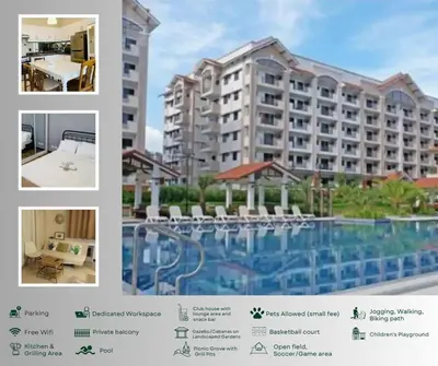 a collage of pictures of a building with a swimming pool at Cozy 3 Bedroom Staycation near BGC Makati Airport in Manila