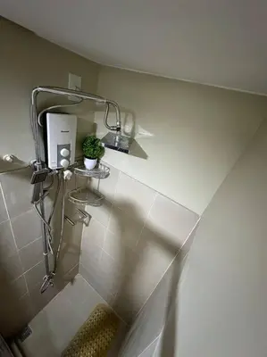 a bathroom with a shower stall with a plant on the wall at Vince Cozy Staycation in Manila