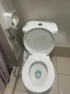 a white toilet in a bathroom with a roll of toilet paper at SM HOME Spring Residences Staycation and Condotel in Manila
