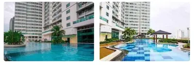 two pictures of a swimming pool in a building at Makati Beacon Studio Suite in Manila