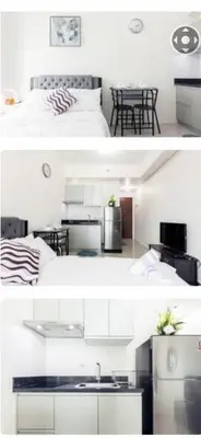 two pictures of a kitchen and a bedroom with a bed at Makati Beacon Studio Suite in Manila