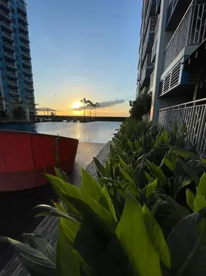 a row of plants in front of buildings with the ocean at Luxury 1BR beside Okada Manila in Manila