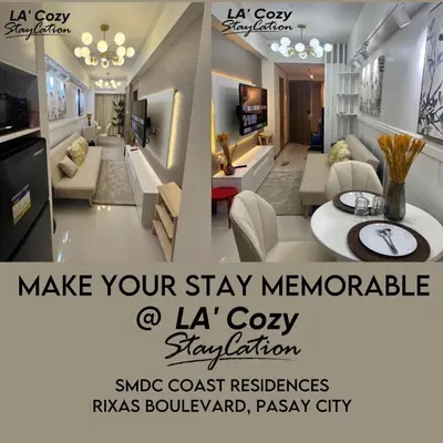 a collage of two pictures of a living room at Flat in Pasay-Coast Residences in Manila