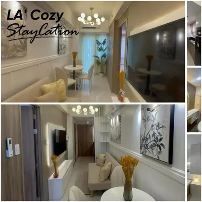 a collage of photos of a living room and dining room at Flat in Pasay-Coast Residences in Manila