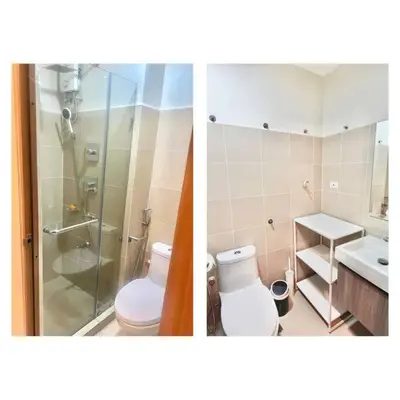 two pictures of a bathroom with a toilet and a shower at Modern Lux at Shore 3 Tower 4 SMDC Pool View in Manila