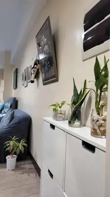 a living room with plants on a white cabinet at Studio Type Condotel at Venice McKinley Taguig City in Manila