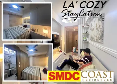a collage of pictures of a hotel room with a man sitting in a chair at Smdc Coast Residences- LA Cozy Staycation in Manila
