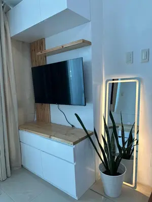 a living room with a tv and a potted plant at 1bedroom LOFT with Garden Terrace pool access in Manila