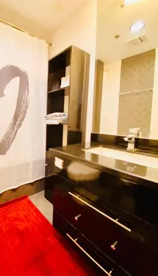 a bathroom with a black sink and a red rug at BEAUTIFUL and SPACIOUS 2 REAL BEDROOMS 2 BATHROOMS IN BGC GLOBAL CITY in Manila