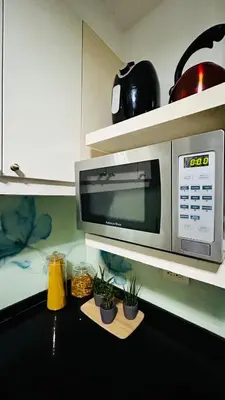 a microwave sitting on a kitchen counter with plants at BEAUTIFUL and SPACIOUS 2 REAL BEDROOMS 2 BATHROOMS IN BGC GLOBAL CITY in Manila