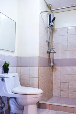 a bathroom with a toilet and a shower at Best Deal! Cozy and Minimalist 2BR nr Airport in Manila