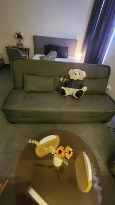 a teddy bear sitting on a couch in a living room at Empress Suite SMDC Hope Residences CONDOTEL with UNLIWIFI in Trece Martires