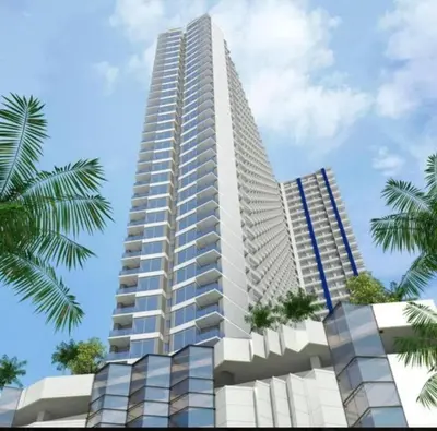 a rendering of a tall white building with palm trees at Breeze Residences 26th floor in Manila
