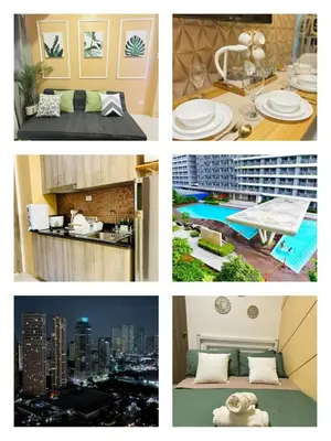 a collage of photos of a hotel room with a pool at El Romantico Staycation at Fame Residence in Manila