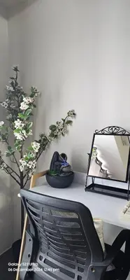 a desk with a mirror and a plant on it at Relaxing Chic Hotel Like with Manila Bay view in Manila