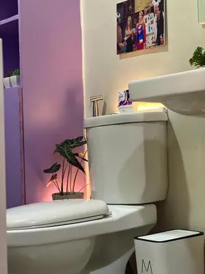 a bathroom with a toilet with a potted plant at FRIENDS TV Staycation in Manila