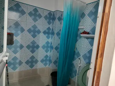 a bathroom with a shower with blue and white tiles at Simple, Spacious Home To Stay, 2Bedrooms 2 Toilet & Bath 1 car garage in Uldugan
