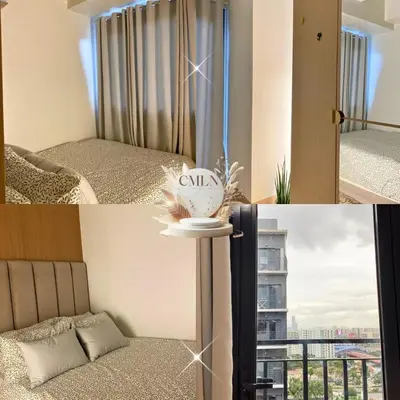 two pictures of a room with a bed and a window at cmln staycation metro manila in Manila