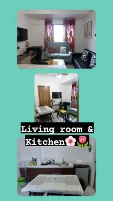 two pictures of a living room and kitchen at Cozy simple 1 bedroom in Manila