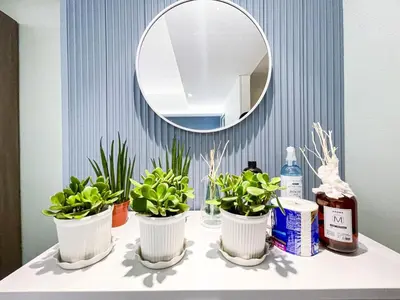 a table with three potted plants and a mirror at Lovely Penthouse near Airport, City of Dreams 8pax in Manila