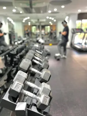 a row of dumbbells lined up in a gym at Sunset Studio in Manila