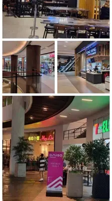 two pictures of a shopping mall with tables and plants at On Promo Condo 1BR Makati in Manila