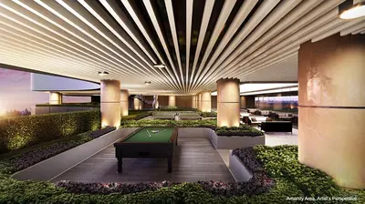a lobby with a pool table in a building at On Promo Condo 1BR Makati in Manila