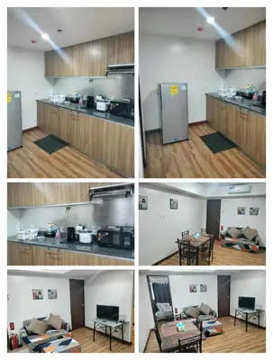 a collage of four pictures of a kitchen with a refrigerator at Manila Airport Accommodation at NAIA road in Manila