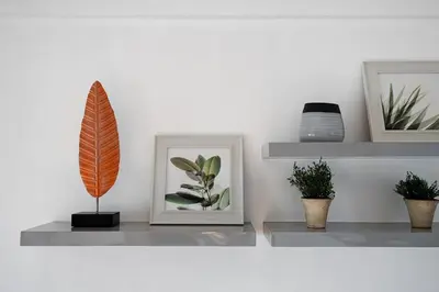 a shelf with two plants and a leaf in a picture at NEW! Modern Condo in Greenbelt Makati with Pool & Gym in Manila
