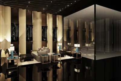 a lobby with tables and chairs in a building at Alice in Wonderland Enchanting Makati Retreat 300 Mbps in Manila