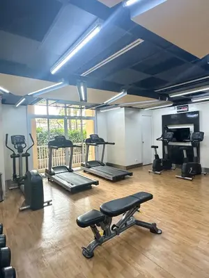 a gym with several exercise equipment in a room at Exquisite Japandi at Venice with Grand Canal view in Manila