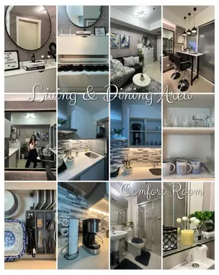 a collage of photos of a kitchen and dining area at R&D comfy staycation in Manila