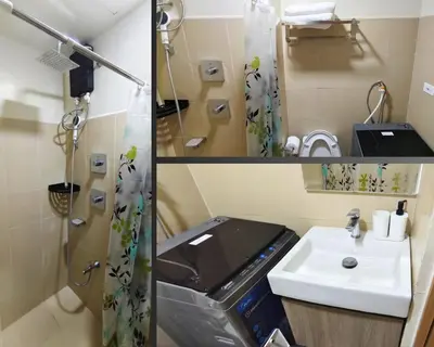 two pictures of a bathroom with a sink and a shower at Las Vegas of the Philippines in Pasay Manila Luxury Near NAIA Airport x Solaire x Okada x City of Dreams and Casinos Enjoy FREE Pool Access n HighSpeed WIFI and Netflix Comfort with ResortType Living Secure Your Limited Offer This Month in Manila