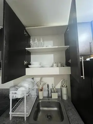 a kitchen with a sink with plates and utensils at 3BR at The Rochester in Manila