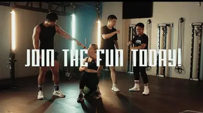 a group of people in a gym with the words join the stiff room at Cosmo Nest Air Skyline One BR Makati 2270 Gym Swim Park 300 Mbps in Manila