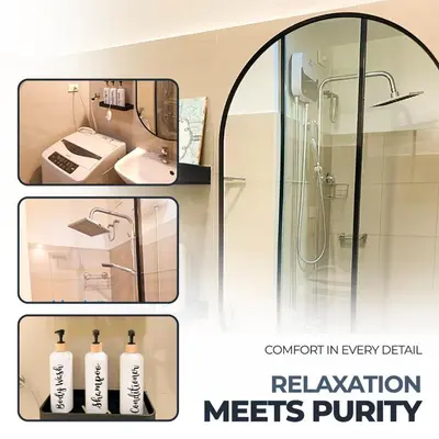 a collage of three pictures of a bathroom with a shower at Adventura Staycation in Manila