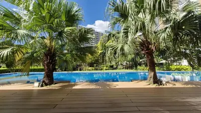 two palm trees in front of a swimming pool at NEW! The Hive Residences - 1BR with Balcony & FREE Parking at Casa Arbo in Taytay