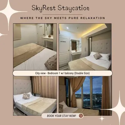 a collage of three pictures of a bedroom at Skyrest Staycation - Azure Urban Resort in Manila